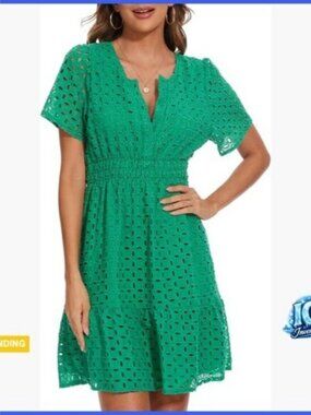 Cotton Eyelet Lace V-Neck Mini A-Line Sundress Casual Formal